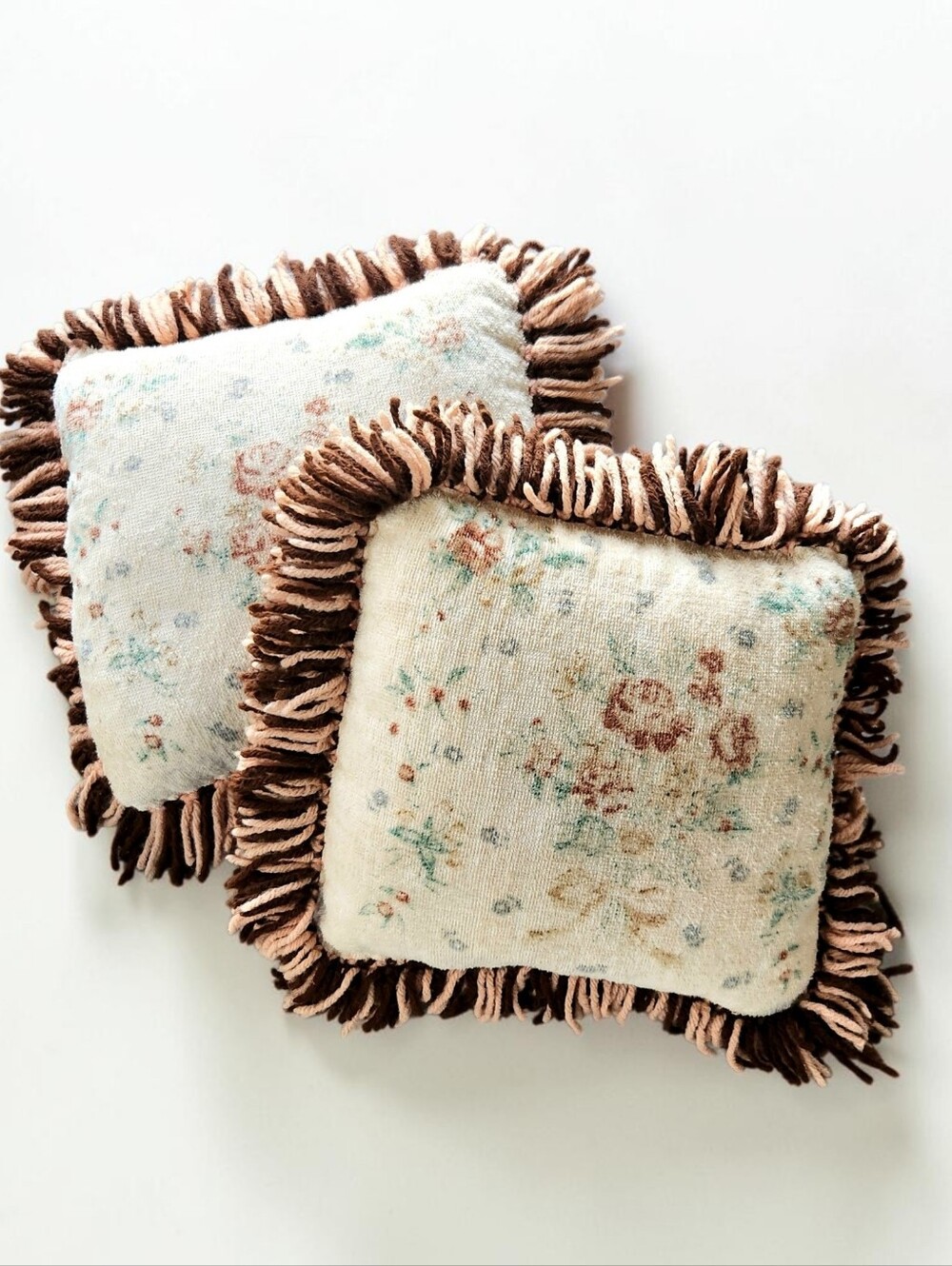 2 Handmade Cottagecore Shabby Chic Throw Pillows Fringed Muted Floral 12x12 inch